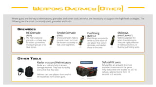 Weapons Overview (Other)
Where guns are the key to eliminations, grenades and other tools are what are necessary to support the high-level strategies. The
following are the most commonly used grenades and tools:
Grenades
HE Grenade
($300)
The high-explosive
grenade – a cheap way
to soften up enemies
moving in groups or to
clear zones.
Smoke Grenade
($300)
Smoke grenades help to
provide cover, but must
be thrown accurately to
fully cover sightlines.
Flashbang
($200 x 2)
Flashbangs temporarily
white-out the vision of
any player that sees it
detonate, and deafen
those in the area.
Molotovs
($400 T; $600 CT)
Molotovs spread fire
when they detonante.
They are highly effective
in halting advances, or
flushing out hiding spots.
Other Tools
Kevlar ($650) and Helmet ($350)
Kevlar and helmets help to lessen
damage received. They lose durability
every shot that they take.
Helmets can save players from one-hit-
kill headshots from certain guns.
Defusal Kit ($400)
Defusal Kits are arguably the most
important investment in the game.
They reduce the time it takes for a CT to
defuse a planted bomb from 10
seconds to 5 seconds.
CT ONLY
 