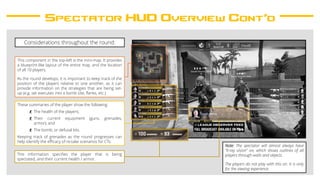 Spectator HUD Overview Cont’d
This component in the top-left is the mini-map. It provides
a blueprint-like layout of the entire map, and the location
of all 10 players.
As the round develops, it is important to keep track of the
position of the players relative to one another, as it can
provide information on the strategies that are being set-
up (e.g. set executes into a bomb site, flanks, etc.)
These summaries of the player show the following:
- The health of the players;
- Their current equipment (guns, grenades,
armor); and
- The bomb, or defusal kits.
Keeping track of grenades as the round progresses can
help identify the efficacy of re-take scenarios for CTs.
Considerations throughout the round:
This information specifies the player that is being
spectated, and their current health / armor.
Note: The spectator will almost always have
“X-ray vision” on, which shows outlines of all
players through walls and objects.
The players do not play with this on. It is only
for the viewing experience.
 