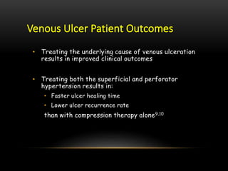 Venous Ulcer Patient Outcomes
• Treating the underlying cause of venous ulceration
results in improved clinical outcomes
• Treating both the superficial and perforator
hypertension results in:
• Faster ulcer healing time
• Lower ulcer recurrence rate
than with compression therapy alone9,10
 
