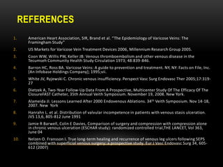 REFERENCES
1. American Heart Association, SIR, Brand et al. “The Epidemiology of Varicose Veins: The
Framingham Study”
2. US Markets for Varicose Vein Treatment Devices 2006, Millennium Research Group 2005.
3. Coon WW, Willis PW, Keller JB: Venous thromboembolism and other venous disease in the
Tecumseh Community Health Study Circulation 1973; 48:839-846.
4. Barron HC, Ross BA. Varicose Veins: A guide to prevention and treatment. NY, NY: Facts on File, Inc.
[An Infobase Holdings Company]; 1995;vii.
5. White JV, Ryjewski C. Chronic venous insufficiency. Perspect Vasc Surg Endovasc Ther 2005;17:319-
27
6. Dietzek A, Two-Year Follow-Up Data From A Prospective, Multicenter Study Of The Efficacy Of The
ClosureFAST Catheter, 35th Annual Veith Symposium. November 19, 2008. New York.
7. Alameida JI. Lessons Learned After 2000 Endovenous Ablations. 34th Veith Symposium. Nov 14-18,
2007. New York
8. Hanrahn L. et al. Distribution of valvular incompetence in patients with venous stasis ulceration.
JVS 13,6, 805-812 June 1991
9. Jamie R Barwell, Colin E Davies, Comparison of surgery and compression with compression alone
in chronic venous ulceration (ESCHAR study): randomized controlled trial,THE LANCET, Vol 363,
June 04
10. Nelzen O. Fransson I. True long-term healing and recurrence of venous leg ulcers following SEPS
combined with superficial venous surgery: a prospective study. Eur J Vasc Endovasc Surg 34, 605-
612 (2007)
 