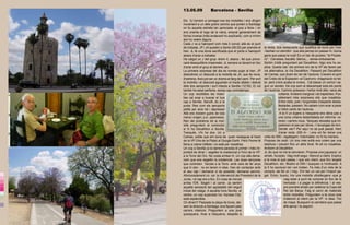 JORNADA   DIA   TEMPS   13.05.09
                        JORNADA              Barcelona - Sevilla                        DIA                            TEMPS

                        Els 3J tornem a carregar-nos les motxilles i ens dirigim
                        novament a un dels grans camins que porten a Santiago
                        on llu aquella estrella tan apreciada -el pop a feira- i on
                        ens orienta el logo de la vieira, emprat generalment de
                        forma inversa (més endavant ho explicaré), com a mínim
 0                        0
                        així ho veiem alguns.
                        Cada J va a l'aeroport com més li convé; allà és el punt
                        de trobada. JP i JA queden a Sants (08:30) per prendre el       la dreta, dos restaurants que qualifica de bons per l'olor
                        tren. JL té una dona sacrificada que el porta a l'aeroport      -hechan un olorcito!- que ella percep en passar-hi. Quina
                        abans d'anar a treballar.                                       gana que passa la noia! És un bar de picoteo: "el Picade-
 5                        5
                        Ha caigut un J del grup -érem 4, abans-, fet que provo-         ro": Cerveses, bacallà, ibèrics,... sense entusiasme.
                        carà desequilibris impensats: JL sempre al davant en lloc       Sortim d’allà preguntant pel Decathlon. Algú ens ho ex-
                        d'anar amb el grup al darrere, etc.                             plica. Queda clar: els primers km de la VP els farem per
                        La primera sorpresa del dia és només pujar al tren. JP          via alternativa, la Via Decathlon. Passant pel Decathlon
                        descobreix un descosit a la motxilla de JA, que és nova,        de Camas, que diuen és ran de l’autovia. Creuem el pont
10                      10
                        d'estrena. Això pot ser un drama al llarg del camí. Per sort    del Cristo de la Expiación -el Cachorro -imaginació no fal-
                        la motxilla i el descosit aguanten el tracte afable i delicat   ta- però s’ens acaba la vorera. Cal baixar un corriol i se-
                        dels dos aeroports i surt intacta a Sevilla (12:55). El vol     guir un sender. De cop som al descampat sota els ponts
                        també ha estat perfecte, sense cap contratemps.                 de l’autovia. Camins polsosos i herba molt alta i seca als
15
                        Un cop recollides les motxi-
                        15
                                                                                                   voltants. Ambient marginal i de trapitcheo. Pos-
                        lles cal anar a buscar el bus                                              siblement més sorpresos ells que nosaltres.
                        cap a Sevilla. Senzill, és a la                                            Entre clots, pols i furgonetes d’aspecte desba-
                        porta. Res com els aeroports                                               llestades, passem. No sabem com anar a parar
                        petits per anar bé i depressa!                                             a l’altre cantó de l’autovia.
20
                        Allà ens trobem guiris de tota
                        20
                                                                                                    A la fí un bujero a l’esquerra ens dóna pas a
                        mena i origen, p.e.: japonesos.                                            una zona urbana destartalada en reforma: vo-
                        Ran del problema de la mot-                                                reres i carrers nous. Tanques reixades que im-
                        xilla preguntem al conductor                                               pedeixen el pas per obres. I l’encargao de torn.
                        si hi ha Decathlon a Sevilla.                                              Dónde van? Por aquí no se pué passá. Hem
25                      Tranquils, n'hi ha dos. Un a
                        25                                                                         d’anar recte -200 m- i ens vol fer donar una
                        Camas, poble que em sona de quan resseguia el track             volta de 500-; regategem. Indomable; no hi ha manera.
                        de la VP (Via de la Plata) al Google Earth. Però l'home té      Proposo de cedir. Un tros més enllà ens colem per una
                        feina a cobrar bitllets i no està per nosaltres.                obertura i creuem fins un altre forat. Ni ell no nosaltres.
                        Un cop a Sevilla (a la darrera parada) el primer i més im-      Arribem al Decathlon.
30                      portant és dinar i segellar la credencial a l'inici de la VP:
                        30                                                              JL diu que no me la canviaran. Proposa una juguesca: un
                        a la Torre del Oro. No costa arribar-hi. Un cop allà dema-      whiski. Accepto. Vaig molt segur. Atenció a client. Explico
                        nem que ens segellin la credencial. Les dues senyores           a la noia el què passa, i que sóc client, que tinc targeta
                        que controlen l'accés a la Torre -amb cara de fer anys          Decathlon, etc. Mostro el DNI i busquen a l’ordinador. A
                        que hi són- no en tenen ni idea. Han de contactar amb           la fi ho escriuen bé i em troben. Fa més d’un més de la
35                      el seu cap i demanar si és possible; demanar permís.
                        35                                                              compra -de fet un i mig-. Em fan un val per l’import pa-
                        Afortunadament no cal la intervenció del President de la        gat. Entro, busco, trio una motxilla ultralleugera -que ja
                        Junta, i el cap era a lloc. En cosa de minuts                                   vaig estar a punt de comprar en lloc de la
                        arriba l'OK. Segell i al carrer. Ja sentim                                      trencada- i a pagar la diferència. I al ves-
                        aquella sensació tan agradable del neguit                                       pre prendré whiski per celebrar la Copa del
40                      inicial del viatge. A aquella hora Sevilla -el
                        40                                                                              Rei del Barça. Faig el canvi de materials
                        centre, un cop superada l'av. Kansas City-                                      entre motxilles. Preguntem a la nova noia
                        està esplèndida.                                                                d’atenció al client per la VP: ni idea. Tiro
                        On dinem? Passada la plaça de toros, dei-                                       de mapa. Busquem la carretera que passa
                        xem la direcció a Santiago; ens fiquem pels                                     allà aprop i la seguim.
45                      carrers interiors. Preguntem a una jove
                        45
                        quiosquera. Anar a l'esquerra, després a
 