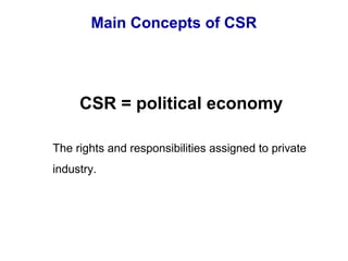 Main Concepts of CSR
CSR = political economy
The rights and responsibilities assigned to private
industry.
 