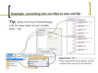 Example: converting two csv-files to one xml-file

Tip: define two Excel Named Ranges
with the same name of your variable
name – tag




                                      Important: The Import Named Ranges-
                                      button imports the Excel ranges, not the
                                      variable name-section in the xml-file!
 
