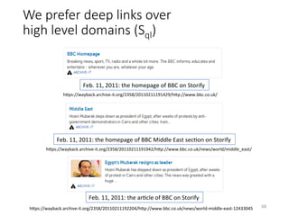 We prefer deep links over
high level domains (Sql) 
Feb.	11,	2011:	the	homepage	of	BBC	on	Storify	
Feb.	11,	2011:	the	home...