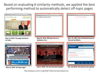Based on evaluaHng 6 similarity methods, we applied the best
performing method to automaHcally detect oﬀ-topic pages
May	13,	2012:	The	page	started	as	
on-topic.	
May	24,	2012:	Oﬀ-topic	due	to	a	
database	error.	
Mar.	21,	2013:	Not	working	because	of	
ﬁnancial	problems.	
May	21,	2013:	On-topic	again	 June	5,	2014:	The	site	has	been	hacked	 Oct.	10,	2014:	The	domain	has	expired.	
hQp://wayback.archive-it.org/2358/*/hQp://hamdeensabahy.com	
38	
 
