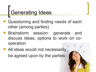 Generating Ideas Questioning and finding needs of each other (among parties) Brainstorm session: generate and discuss ideas, options to work on co-operation All ideas would not necessarily  be agreed upon by the parties  
