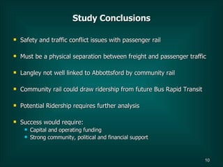 <ul><ul><li>Safety and traffic conflict issues with passenger rail </li></ul></ul><ul><ul><li>Must be a physical separatio...