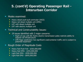5. (cont’d) Operating Passenger Rail - Interurban Corridor <ul><li>Modes examined: </li></ul><ul><ul><li>Heavy diesel push...