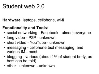 Student web 2.0 Hardware : laptops, cellphone, wi-fi Functionality and Tools : social networking - Facebook - almost everyone long video - P2P - unknown short video - YouTube - unknown messaging - cellphone text messaging, and various IM - most blogging - various (about 1% of student body, as best can be told) other - unknown - unknown 