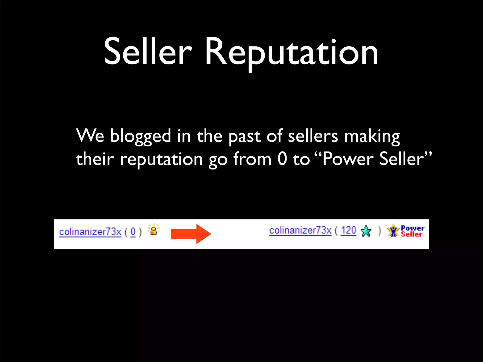 Seller Reputation
We blogged in the past of sellers making
their reputation go from 0 to “Power Seller”
 