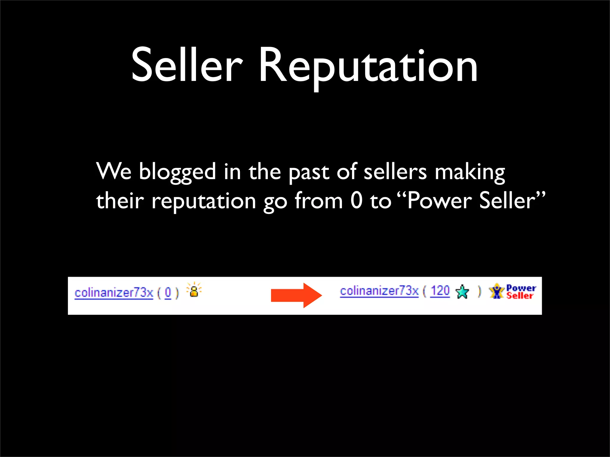 Seller Reputation
We blogged in the past of sellers making
their reputation go from 0 to “Power Seller”
 