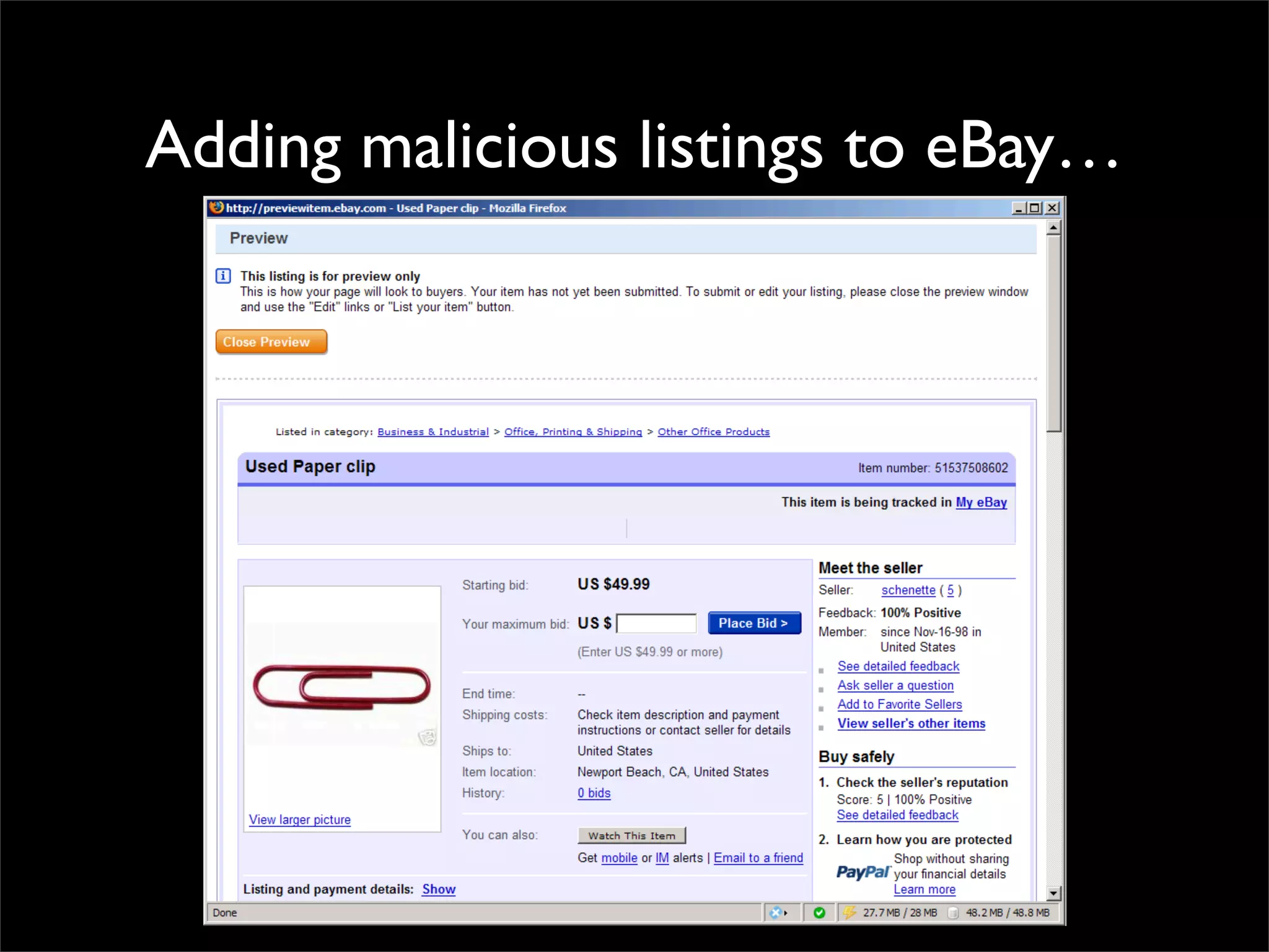 Adding malicious listings to eBay…
 