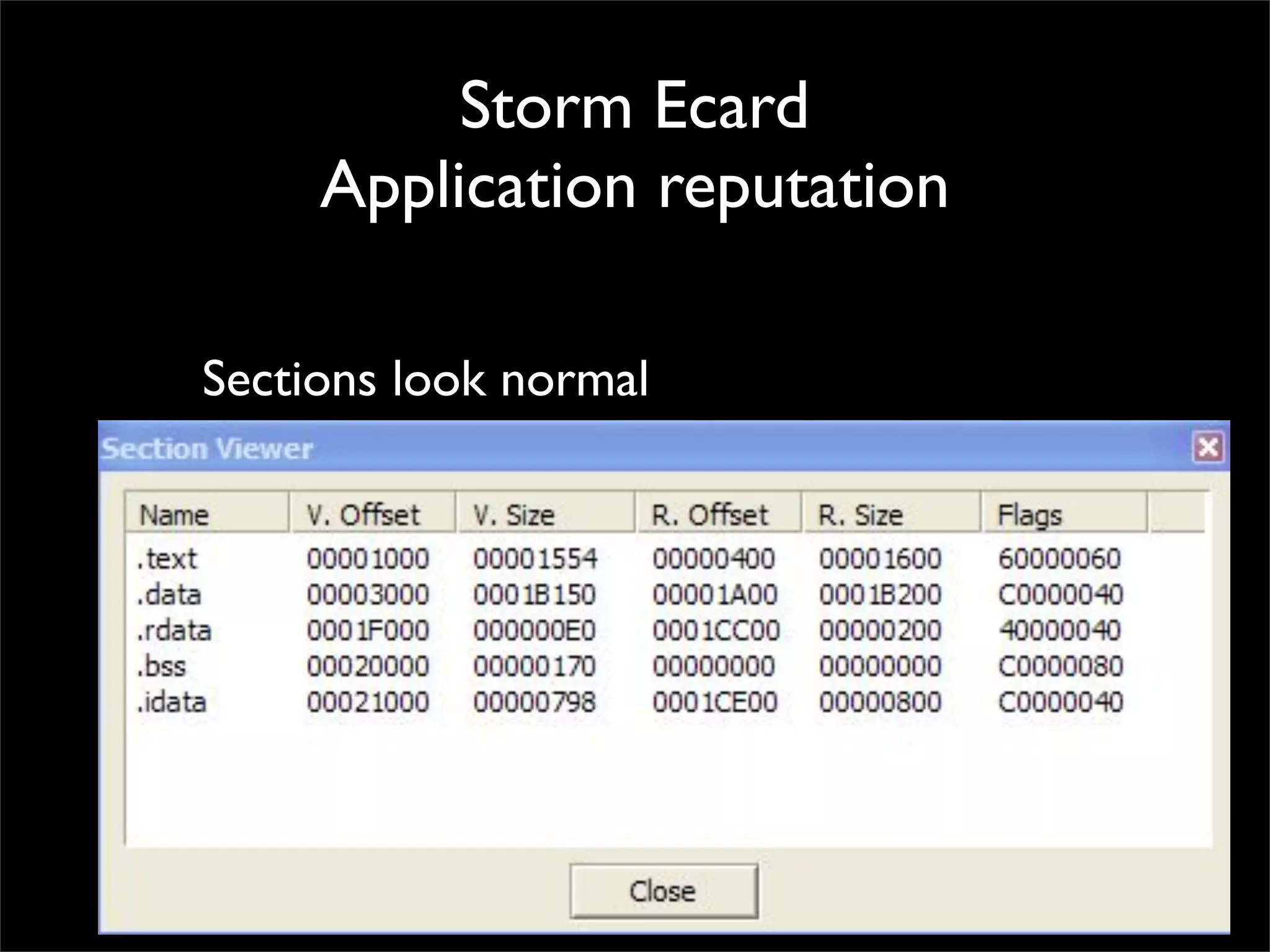Storm Ecard
     Application reputation

Sections look normal
 