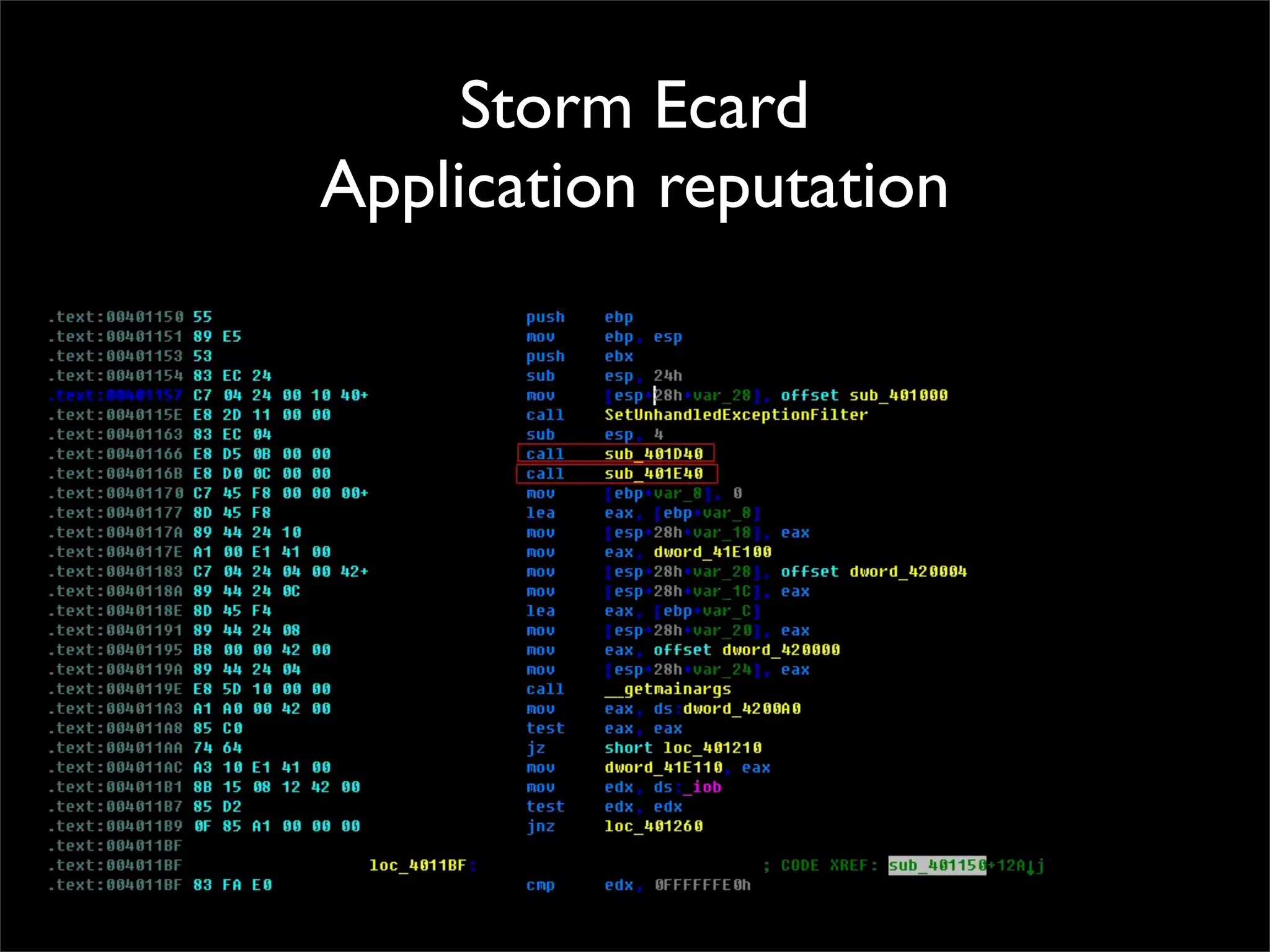 Storm Ecard
       Application reputation




• Eventually a call to the packed code…
 