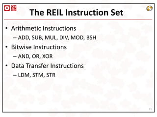 The REIL Instruction Set
• Arithmetic Instructions
  – ADD, SUB, MUL, DIV, MOD, BSH
• Bitwise Instructions
  – AND, OR, XOR
• Data Transfer Instructions
  – LDM, STM, STR




                                   13
 