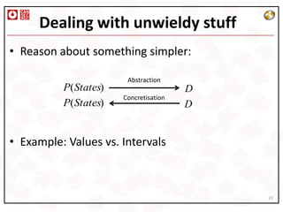 Dealing with unwieldy stuff
• Reason about something simpler:

                       Abstraction
          P(States)                    D
                      Concretisation
          P(States)                    D


• Example: Values vs. Intervals



                                           20
 