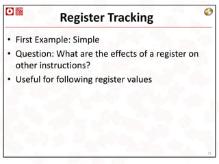 Register Tracking
• First Example: Simple
• Question: What are the effects of a register on
  other instructions?
• Useful for following register values




                                                    31
 