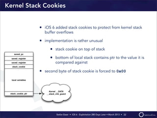 Stefan Esser • iOS 6 - Exploitation 280 Days Later • March 2013 • 
Kernel Stack Cookies
• iOS 6 added stack cookies to protect from kernel stack
buffer overﬂows
• implementation is rather unusual
• stack cookie on top of stack
• bottom of local stack contains ptr to the value it is
compared against
• second byte of stack cookie is forced to 0x00
22
 