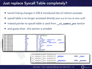 Stefan Esser • iOS 6 - Exploitation 280 Days Later • March 2013 • 
Just replace Syscall Table completely?
• kernel linking changes in iOS 6 introduced lots of indirect accesses
• syscall table is no longer accessed directly (also true for lots of other stuff)
• instead pointer to syscall table is used from __nl_symbol_ptr section
• and guess what - this section is writable
33
 