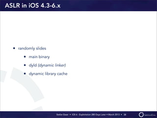 Stefan Esser • iOS 6 - Exploitation 280 Days Later • March 2013 • 
ASLR in iOS 4.3-6.x
• randomly slides
• main binary
• dyld (dynamic linker)
• dynamic library cache
38
 