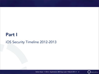 Stefan Esser • iOS 6 - Exploitation 280 Days Later • March 2013 • 
Part I
iOS Security Timeline 2012-2013
4
 