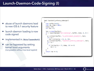 Stefan Esser • iOS 6 - Exploitation 280 Days Later • March 2013 • 
Launch-Daemon-Code-Signing (I)
55
• abuse of launch daemons lead
to new iOS 6.1 security feature
• launch daemon loading is now
code signed
• implemented in /bin/launchctl
• can be bypassed by setting
kernel boot arguments
(not possible without low-level exploit)
 