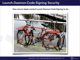 Stefan Esser • iOS 6 - Exploitation 280 Days Later • March 2013 • 
Launch-Daemon-Code-Signing Security
59
How secure Apple wanted Launch-Daemon-Code-Signing to be...
 