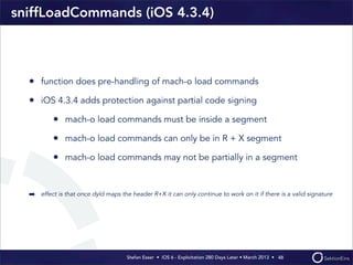 sniffLoadCommands (iOS 4.3.4)



  • function does pre-handling of mach-o load commands
  • iOS 4.3.4 adds protection agai...