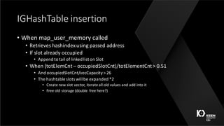 IGHashTable insertion
• When	map_user_memory called
• Retrieves	hashindex using	passed	address
• If	slot	already	occupied
• Append	to	tail	of	linked	list	on	Slot
• When	(totElemCnt – occupiedSlotCnt)/totElementCnt>	0.51	
• And	occupiedSlotCnt/vecCapacity>	26
• The	hashtable slots	will	be	expanded	*2
• Create	new	slot	vector,	iterate	all	old	values	and	add	into	it
• Free	old	storage	(double	 free	here?)
 