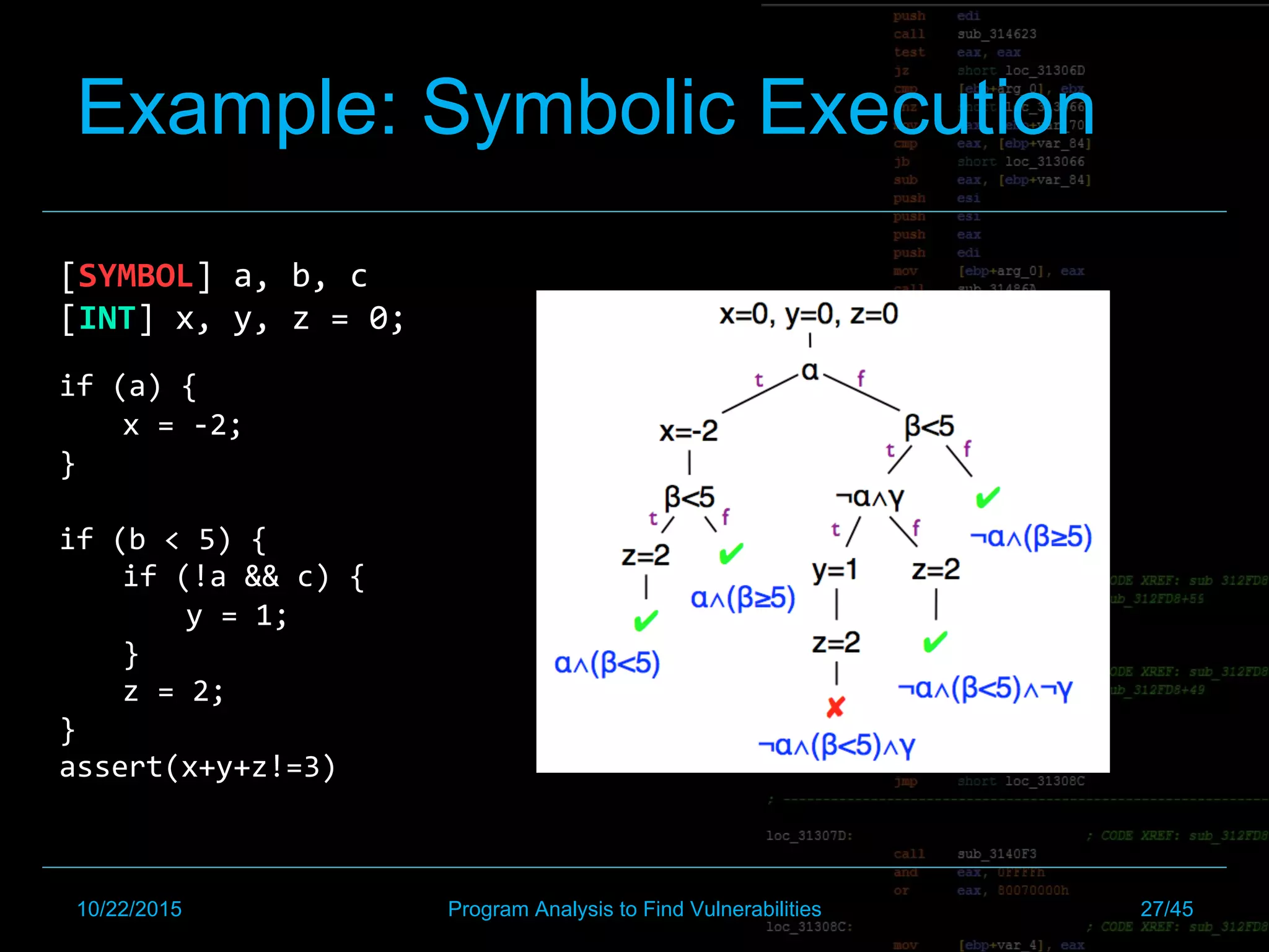 Example: Symbolic Execution
[SYMBOL]	a,	b,	c	
[INT]	x,	y,	z	=	0;		
	
if	(a)	{		
x	=	-2;	
}	
	
if	(b	<	5)	{		
if	(!a	&&	c)	{		
y	=	1;		
}		
z	=	2;	
}	
assert(x+y+z!=3)	
10/22/2015 Program Analysis to Find Vulnerabilities 27/45
 