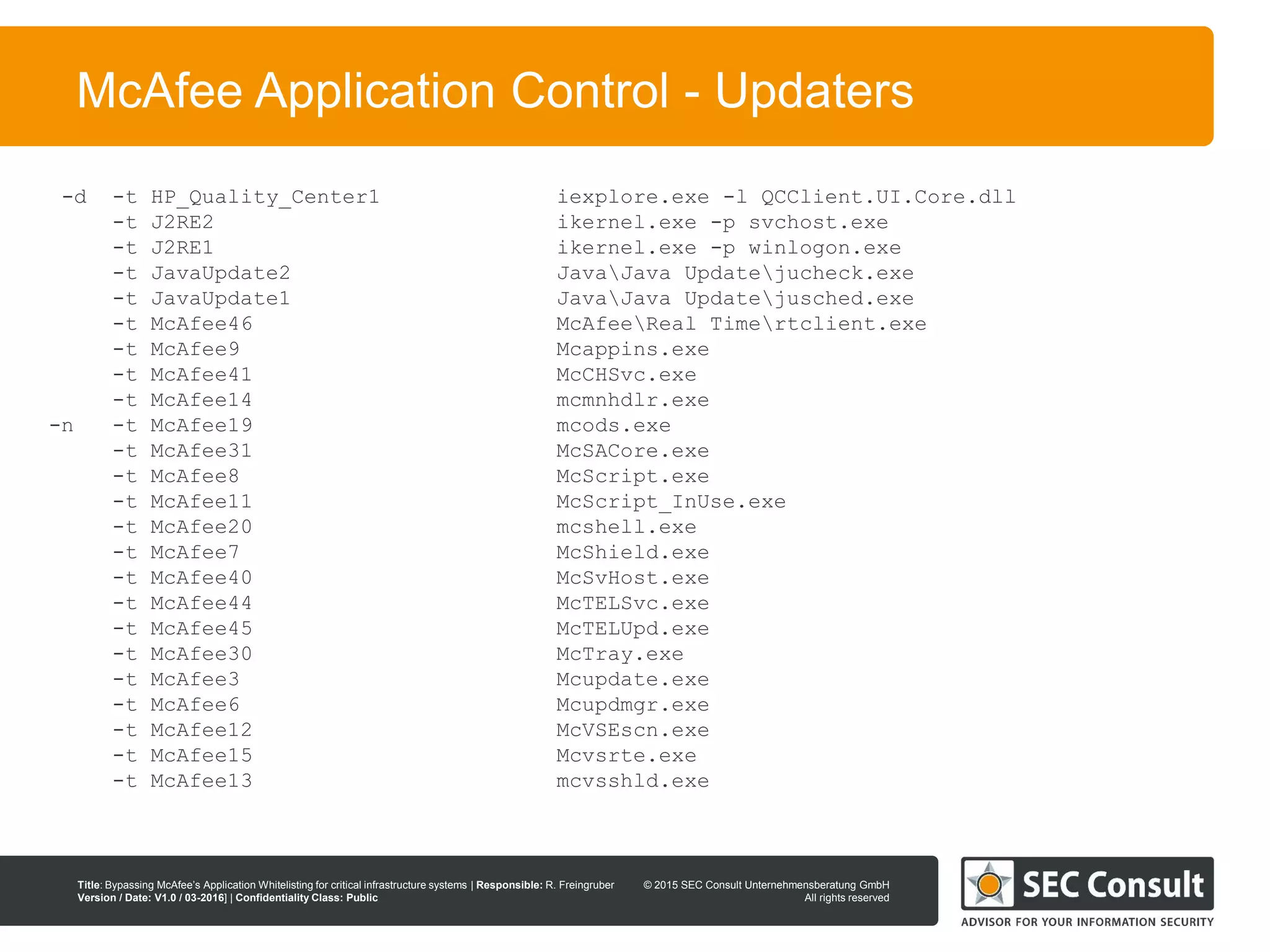 © 2013 SEC Consult Unternehmensberatung GmbH
All rights reserved
Title: Bypassing McAfee’s Application Whitelisting for critical infrastructure systems | Responsible: R. Freingruber
Version / Date: V1.0 / 03-2016] | Confidentiality Class: Public
© 2015 SEC Consult Unternehmensberatung GmbH
All rights reserved
17
McAfee Application Control - Updaters
-d -t HP_Quality_Center1 iexplore.exe -l QCClient.UI.Core.dll
-t J2RE2 ikernel.exe -p svchost.exe
-t J2RE1 ikernel.exe -p winlogon.exe
-t JavaUpdate2 JavaJava Updatejucheck.exe
-t JavaUpdate1 JavaJava Updatejusched.exe
-t McAfee46 McAfeeReal Timertclient.exe
-t McAfee9 Mcappins.exe
-t McAfee41 McCHSvc.exe
-t McAfee14 mcmnhdlr.exe
-n -t McAfee19 mcods.exe
-t McAfee31 McSACore.exe
-t McAfee8 McScript.exe
-t McAfee11 McScript_InUse.exe
-t McAfee20 mcshell.exe
-t McAfee7 McShield.exe
-t McAfee40 McSvHost.exe
-t McAfee44 McTELSvc.exe
-t McAfee45 McTELUpd.exe
-t McAfee30 McTray.exe
-t McAfee3 Mcupdate.exe
-t McAfee6 Mcupdmgr.exe
-t McAfee12 McVSEscn.exe
-t McAfee15 Mcvsrte.exe
-t McAfee13 mcvsshld.exe
 