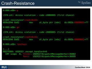 CanSecWest 2016
Crash-Resistance
0:000:x86> g
(370.e4): Access violation - code c0000005 (first chance)
crash_resistance!crash+0x2d:
009b104d 8a02 mov al,byte ptr [edx] ds:002b:00000001=??
0:000:x86> gn
(370.e4): Access violation - code c0000005 (first chance)
crash_resistance!crash+0x2d:
009b104d 8a02 mov al,byte ptr [edx] ds:002b:00000002=??
0:000:x86> !exchain
[...]
0057f800: USER32!_except_handler4+0
CRT scope 0, filter: USER32!DispatchMessageWorker+36882
func: USER32!DispatchMessageWorker+36895
 