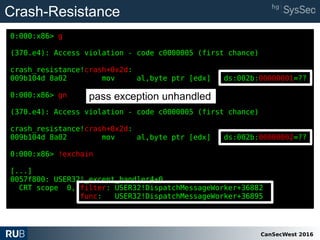 CanSecWest 2016
Crash-Resistance
0:000:x86> g
(370.e4): Access violation - code c0000005 (first chance)
crash_resistance!crash+0x2d:
009b104d 8a02 mov al,byte ptr [edx] ds:002b:00000001=??
0:000:x86> gn
(370.e4): Access violation - code c0000005 (first chance)
crash_resistance!crash+0x2d:
009b104d 8a02 mov al,byte ptr [edx] ds:002b:00000002=??
0:000:x86> !exchain
[...]
0057f800: USER32!_except_handler4+0
CRT scope 0, filter: USER32!DispatchMessageWorker+36882
func: USER32!DispatchMessageWorker+36895
pass exception unhandled
 