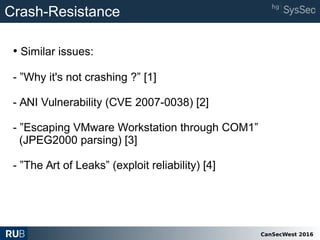 CanSecWest 2016
Crash-Resistance
• Similar issues:
- ”Why it's not crashing ?” [1]
- ANI Vulnerability (CVE 2007-0038) [2]
- ”Escaping VMware Workstation through COM1”
(JPEG2000 parsing) [3]
- ”The Art of Leaks” (exploit reliability) [4]
 
