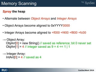 CanSecWest 2016
Memory Scanning
Spray the heap
• Alternate between Object Arrays and Integer Arrays
• Object Arrays become aligned to 0xYYYY0000
• Integer Arrays become aligned to +f000 +f400 +f800 +fc00
→ Object Array:
ObjArr[0] = new String() // saved as reference; bit 0 never set
ObjArr[1] = 4 // integer saved as 9 = 4 << 1 | 1
→ Integer Array:
IntArr[0] = 4 // saved as 4
 