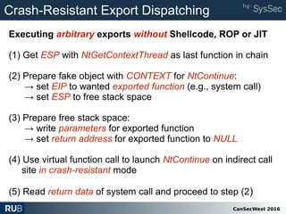 CanSecWest 2016
Crash-Resistant Export Dispatching
Executing arbitrary exports without Shellcode, ROP or JIT
(1) Get ESP with NtGetContextThread as last function in chain
(2) Prepare fake object with CONTEXT for NtContinue:
→ set EIP to wanted exported function (e.g., system call)
→ set ESP to free stack space
(3) Prepare free stack space:
→ write parameters for exported function
→ set return address for exported function to NULL
(4) Use virtual function call to launch NtContinue on indirect call
site in crash-resistant mode
(5) Read return data of system call and proceed to step (2)
 