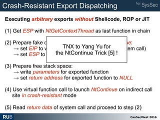 CanSecWest 2016
Crash-Resistant Export Dispatching
Executing arbitrary exports without Shellcode, ROP or JIT
(1) Get ESP with NtGetContextThread as last function in chain
(2) Prepare fake object with CONTEXT for NtContinue:
→ set EIP to wanted exported function (e.g., system call)
→ set ESP to free stack space
(3) Prepare free stack space:
→ write parameters for exported function
→ set return address for exported function to NULL
(4) Use virtual function call to launch NtContinue on indirect call
site in crash-resistant mode
(5) Read return data of system call and proceed to step (2)
TNX to Yang Yu for
the NtContinue Trick [5] !
 