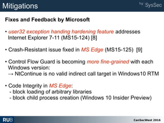 CanSecWest 2016
Mitigations
Fixes and Feedback by Microsoft
• user32 exception handing hardening feature addresses
Internet Explorer 7-11 (MS15-124) [8]
• Crash-Resistant issue fixed in MS Edge (MS15-125) [9]
• Control Flow Guard is becoming more fine-grained with each
Windows version:
→ NtContinue is no valid indirect call target in Windows10 RTM
• Code Integrity in MS Edge:
- block loading of arbitrary libraries
- block child process creation (Windows 10 Insider Preview)
 