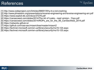 CanSecWest 2016
References
[1] http://www.codeproject.com/Articles/98691/Why-it-s-not-crashing
[2] http://www.phreedom.org/presentations/reverse-engineering-ani/reverse-engineering-ani.pdf
[3] https://www.exploit-db.com/docs/37276.pdf
[4] https://cansecwest.com/slides/2014/The Art of Leaks - read version - Yoyo.pdf
[5] https://cansecwest.com/slides/2014/ROPs_are_for_the_99_CanSecWest_2014.pdf
[6] https://networkx.github.io/
[7] https://github.com/cea-sec/miasm/tree/master/miasm2
[8] https://technet.microsoft.com/en-us/library/security/ms15-124.aspx
[9] https://technet.microsoft.com/en-us/library/security/ms15-125.aspx
 