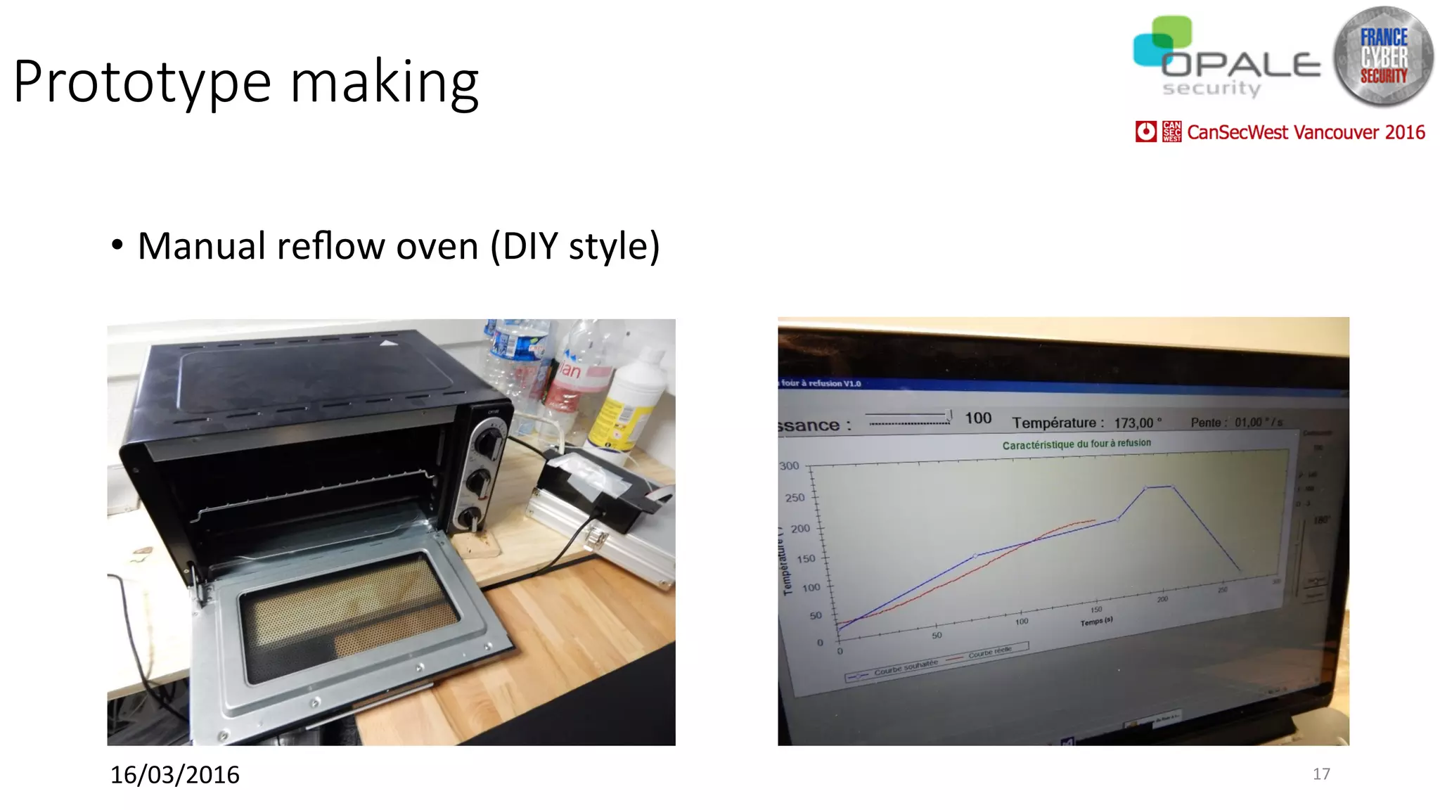Prototype making
•  Manual	reﬂow	oven	(DIY	style)	
16/03/2016	 17	
 