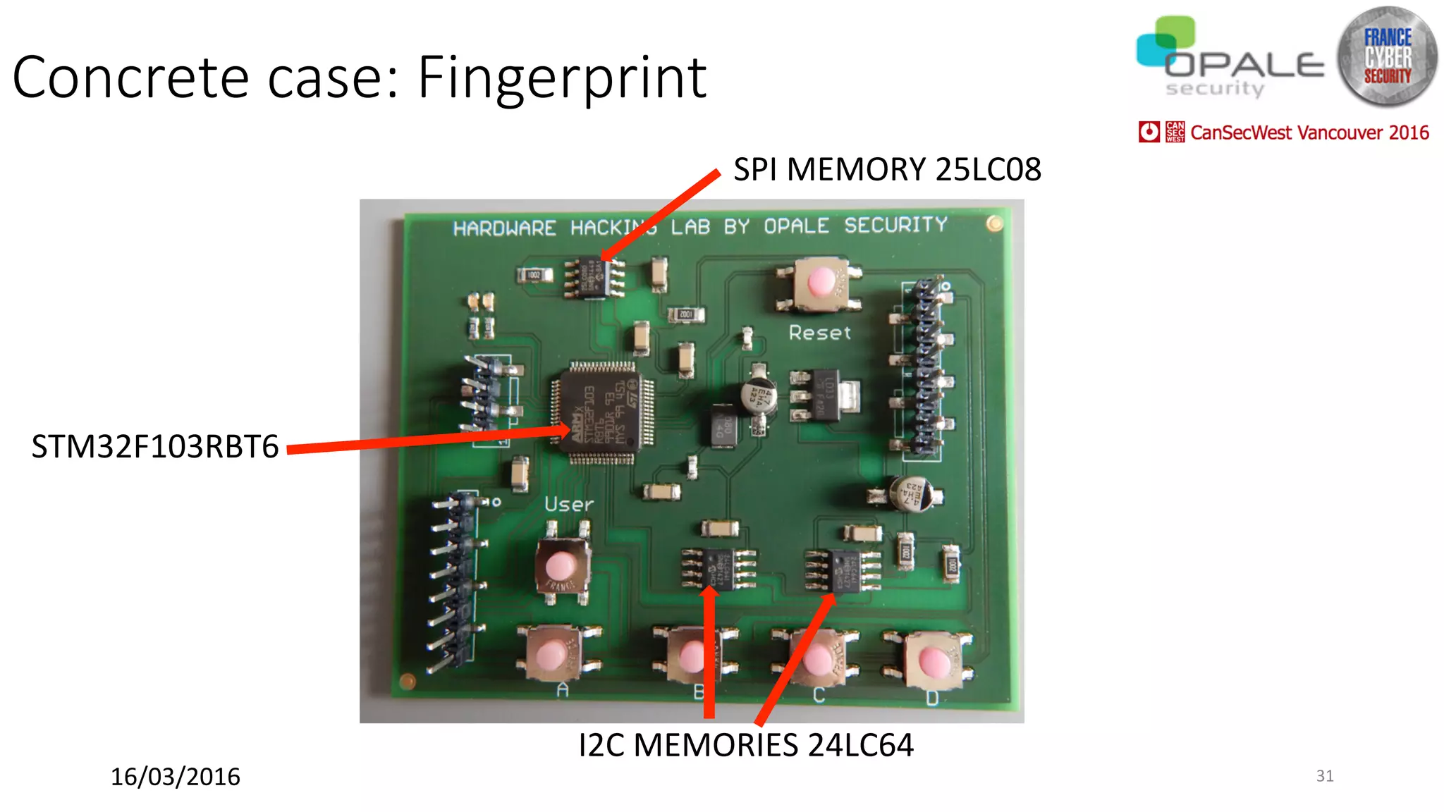 Concrete case: Fingerprint
I2C	MEMORIES	24LC64	
STM32F103RBT6	
SPI	MEMORY	25LC08	
16/03/2016	 31	
 