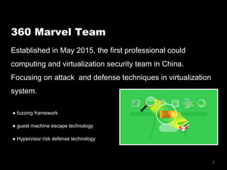 2
360 Marvel Team
Established in May 2015, the first professional could
computing and virtualization security team in China.
Focusing on attack and defense techniques in virtualization
system.
● fuzzing framework
● guest machine escape technology
● Hypervisor risk defense technology
 