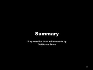 33
Summary
Stay tuned for more achievements by
360 Marvel Team
 