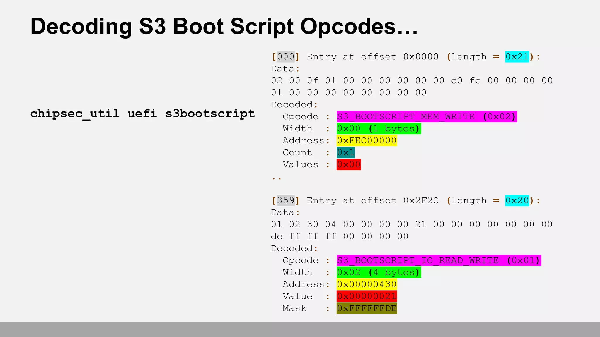 Decoding S3 Boot Script Opcodes…
chipsec_util uefi s3bootscript
[000] Entry at offset 0x0000 (length = 0x21):
Data:
02 00 0f 01 00 00 00 00 00 00 c0 fe 00 00 00 00
01 00 00 00 00 00 00 00 00
Decoded:
Opcode : S3_BOOTSCRIPT_MEM_WRITE (0x02)
Width : 0x00 (1 bytes)
Address: 0xFEC00000
Count : 0x1
Values : 0x00
..
[359] Entry at offset 0x2F2C (length = 0x20):
Data:
01 02 30 04 00 00 00 00 21 00 00 00 00 00 00 00
de ff ff ff 00 00 00 00
Decoded:
Opcode : S3_BOOTSCRIPT_IO_READ_WRITE (0x01)
Width : 0x02 (4 bytes)
Address: 0x00000430
Value : 0x00000021
Mask : 0xFFFFFFDE
 
