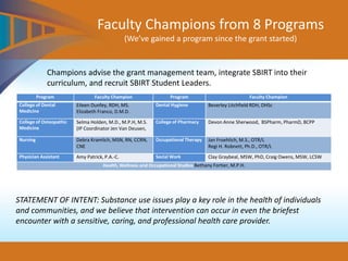 Faculty Champions from 8 Programs
(We’ve gained a program since the grant started)
Champions advise the grant management team, integrate SBIRT into their
curriculum, and recruit SBIRT Student Leaders.
Program Faculty Champion Program Faculty Champion
College of Dental
Medicine
Eileen Dunfey, RDH, MS.
Elizabeth Franco, D.M.D.
Dental Hygiene Beverley Litchfield RDH, DHSc
College of Osteopathic
Medicine
Selma Holden, M.D., M.P.H, M.S.
(IP Coordinator Jen Van Deusen,
College of Pharmacy Devon Anne Sherwood, BSPharm, PharmD, BCPP
Nursing Debra Kramlich, MSN, RN, CCRN,
CNE
Occupational Therapy Jan Froehlich, M.S., OTR/L
Regi H. Robnett, Ph.D., OTR/L
Physician Assistant Amy Patrick, P.A.-C. Social Work Clay Graybeal, MSW, PhD, Craig Owens, MSW, LCSW
Health, Wellness and Occupational Studies Bethany Fortier, M.P.H.
STATEMENT OF INTENT: Substance use issues play a key role in the health of individuals
and communities, and we believe that intervention can occur in even the briefest
encounter with a sensitive, caring, and professional health care provider.
 