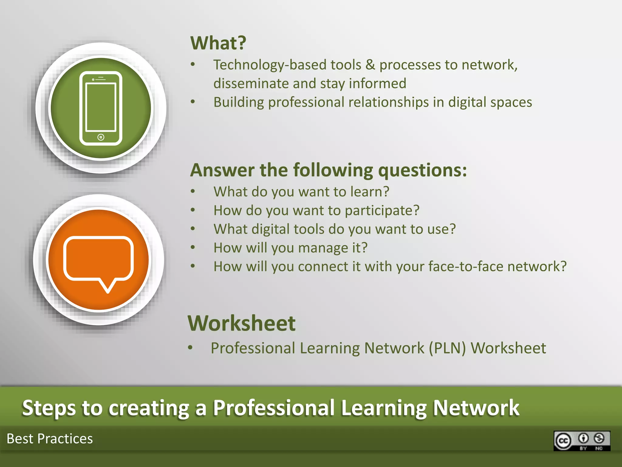 Best Practices
Steps to creating a Professional Learning Network
Answer the following questions:
• What do you want to learn?
• How do you want to participate?
• What digital tools do you want to use?
• How will you manage it?
• How will you connect it with your face-to-face network?
Worksheet
• Professional Learning Network (PLN) Worksheet
What?
• Technology-based tools & processes to network,
disseminate and stay informed
• Building professional relationships in digital spaces
 