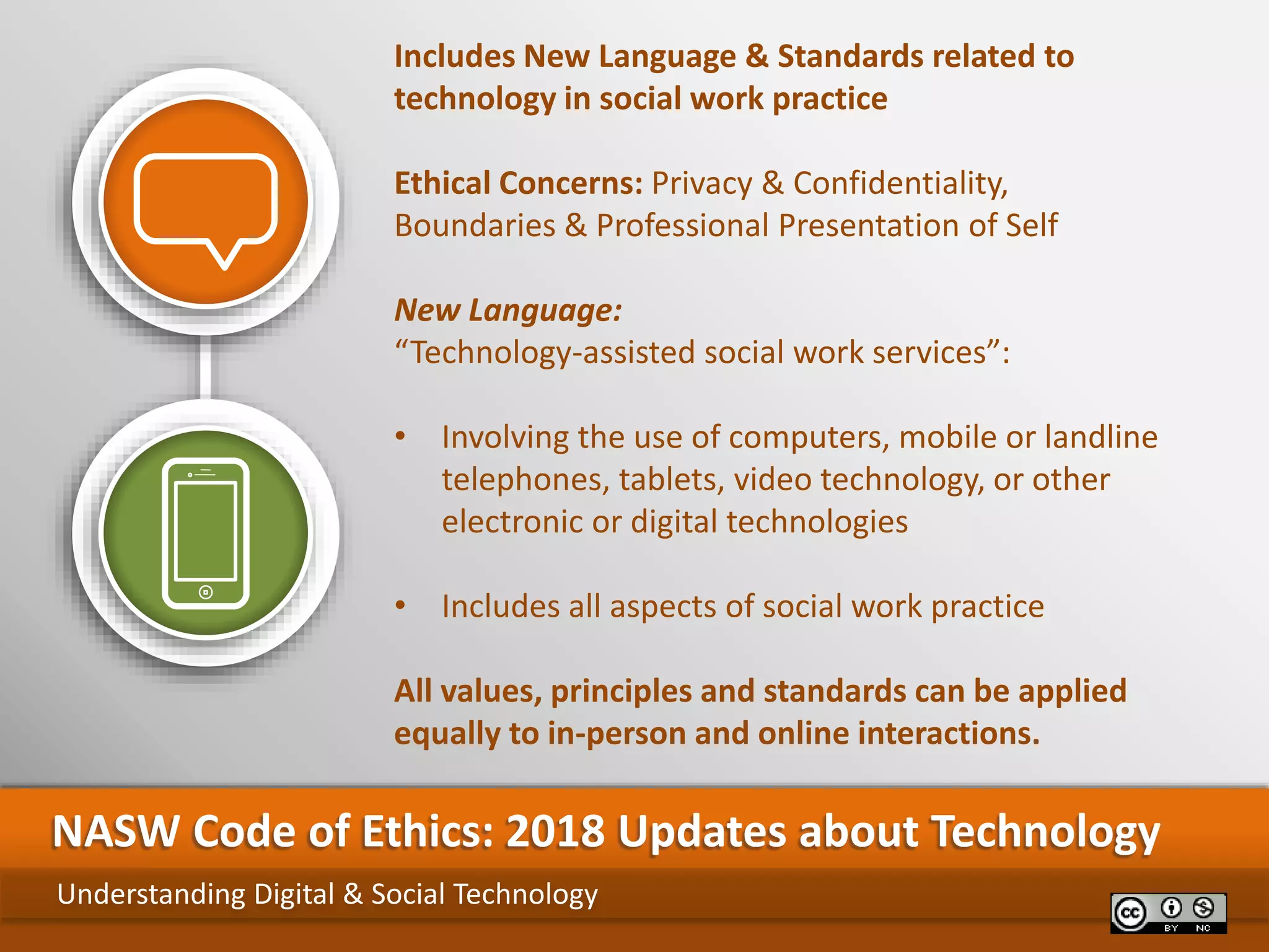 Understanding Digital & Social Technology
NASW Code of Ethics: 2018 Updates about Technology
Includes New Language & Standards related to
technology in social work practice
Ethical Concerns: Privacy & Confidentiality,
Boundaries & Professional Presentation of Self
New Language:
“Technology-assisted social work services”:
• Involving the use of computers, mobile or landline
telephones, tablets, video technology, or other
electronic or digital technologies
• Includes all aspects of social work practice
All values, principles and standards can be applied
equally to in-person and online interactions.
 