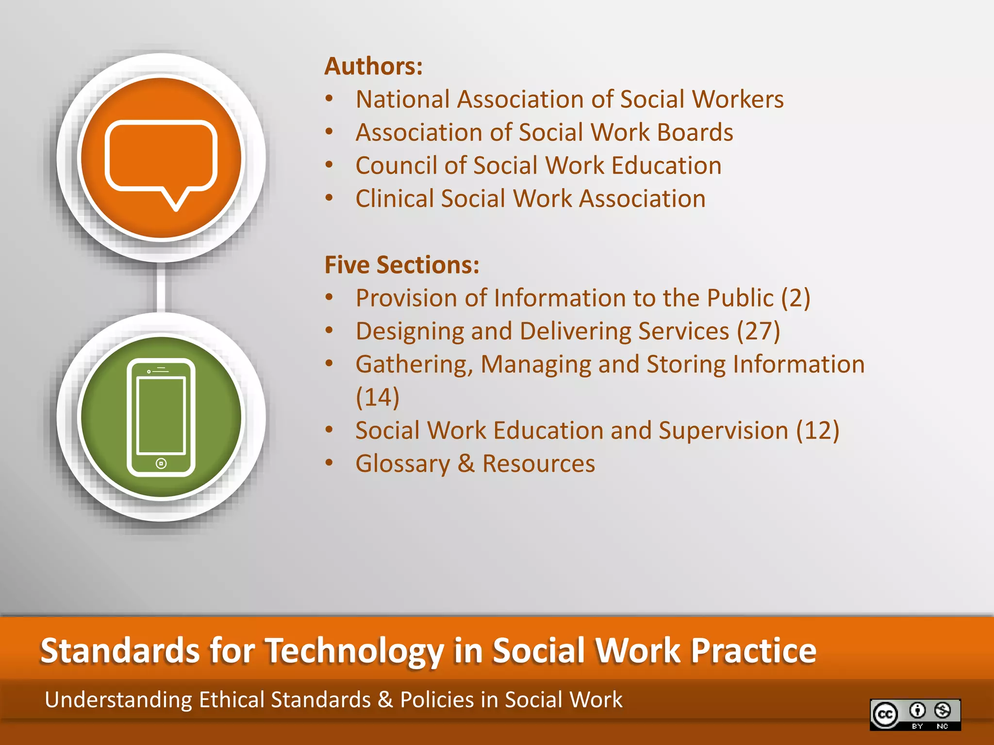 Understanding Ethical Standards & Policies in Social Work
Standards for Technology in Social Work Practice
Authors:
• National Association of Social Workers
• Association of Social Work Boards
• Council of Social Work Education
• Clinical Social Work Association
Five Sections:
• Provision of Information to the Public (2)
• Designing and Delivering Services (27)
• Gathering, Managing and Storing Information
(14)
• Social Work Education and Supervision (12)
• Glossary & Resources
 