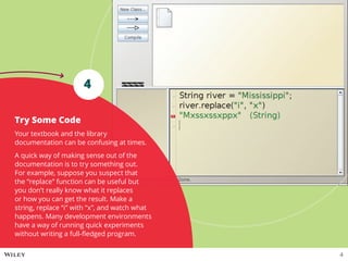 Try Some Code
Your textbook and the library
documentation can be confusing at times.
A quick way of making sense out of the
documentation is to try something out.
For example, suppose you suspect that
the “replace” function can be useful but
you don’t really know what it replaces
or how you can get the result. Make a
string, replace “i” with “x”, and watch what
happens. Many development environments
have a way of running quick experiments
without writing a full-fledged program.
4
4
 