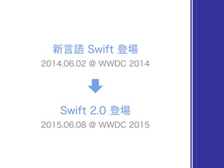 新言語 Swift 登場
2014.06.02 @ WWDC 2014
Swift 2.0 登場
2015.06.08 @ WWDC 2015
 